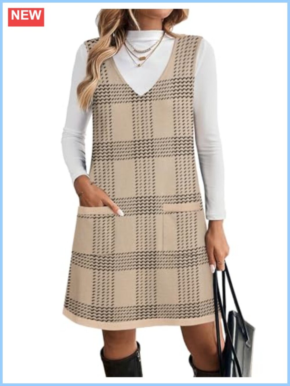 Sleeveless V-Neck Knit Sweater Vest Dress with Pockets Fall Winter A-Line